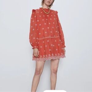 Zara OPENWORK EMBROIDERED DRESS-CORAL-6895/047